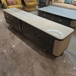 White Marble-Top TV Stand with Woven Leather Sides and Dark Glossy Frame